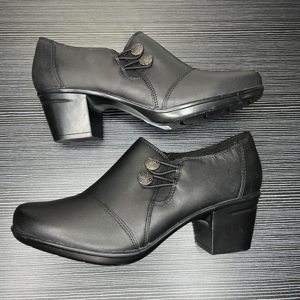 Clarks Ankle Boots Emslie Warren Womens 7 Black Leather Block Heel Zip Booties